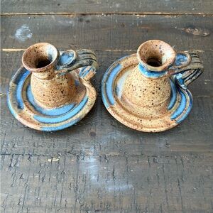 Rustic Blue and Brown Ceramic Candle Holders